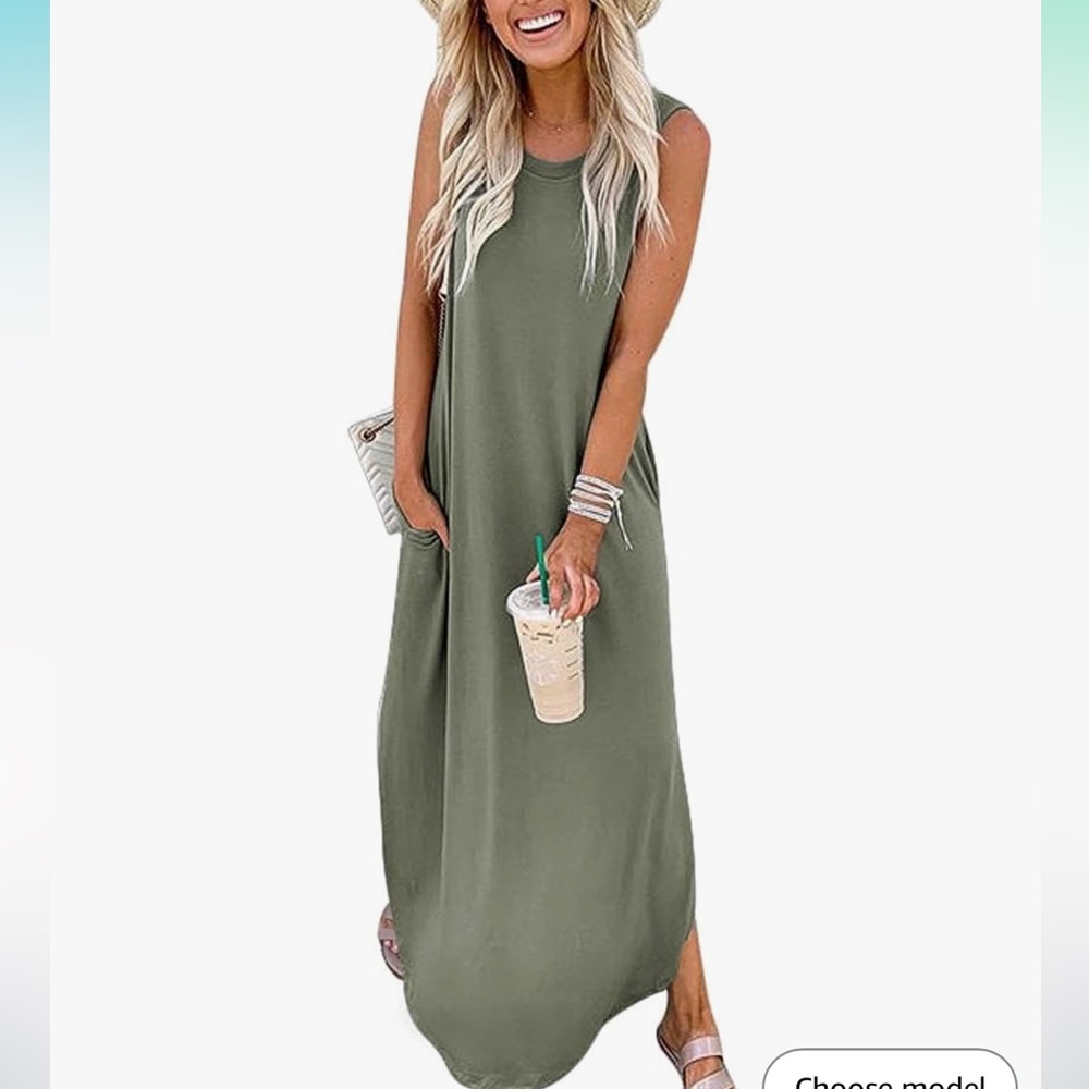 Sleeveless Olive Maxi Dress with Side Pockets